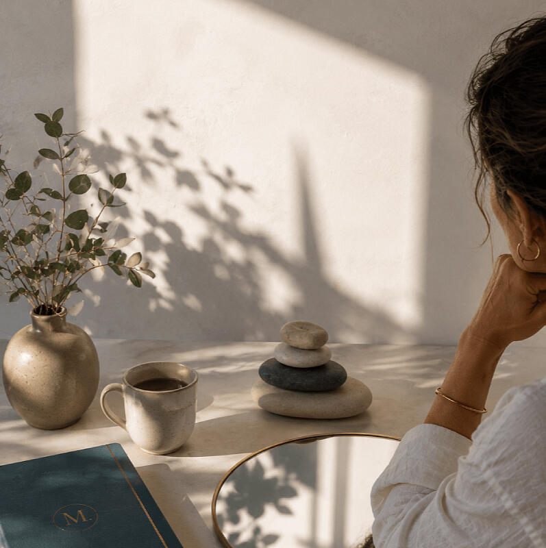 Pedras Uma mulher olha para um marco de pedras, sobre a mesa ha também um espelho uma agenda fechada e um copo de cafe.