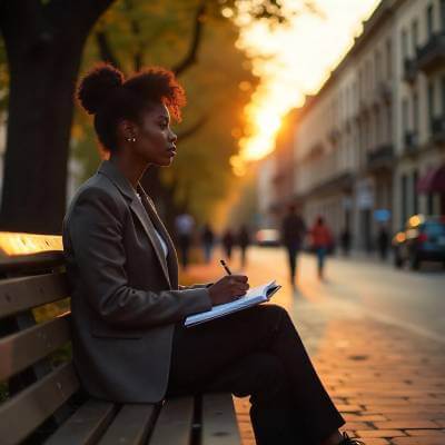 uma mulher sentada num banco de jardim numa rua movimentada a escrever num caderno