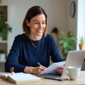 uma mulher sentada numa secretaria, a sorrir para o computador portátil e a escrever num caderno