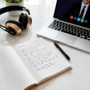 um caderno aberto sobre uma mesa, com um computador portátil em vídeo chamada e uns headphones