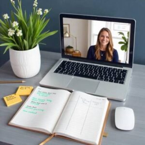 uma secretaria com um computador portátil com uma mulher a fazer uma videochamada