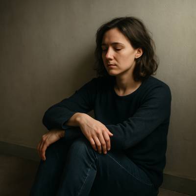 uma mulher encostada a uma parede, sentada no chão com as mãos cruzadas sobre os joelhos, com uma expressão triste