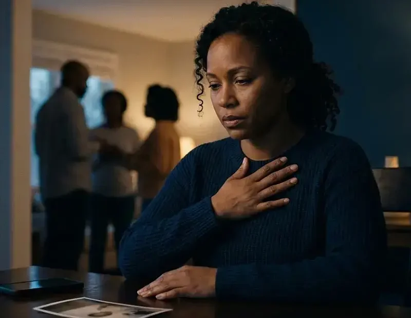 Mulher negra adulta sentada sozinha a uma mesa numa sala com luz suave ao entardecer. Tem postura contida e expressão triste mas controlada. Sobre a mesa está uma fotografia virada ao contrário e um telemóvel apagado. Ao fundo, surgem silhuetas desfocadas de outras pessoas juntas, ligeiramente afastadas dela, sugerindo distância emocional e sentimento de exclusão familiar.