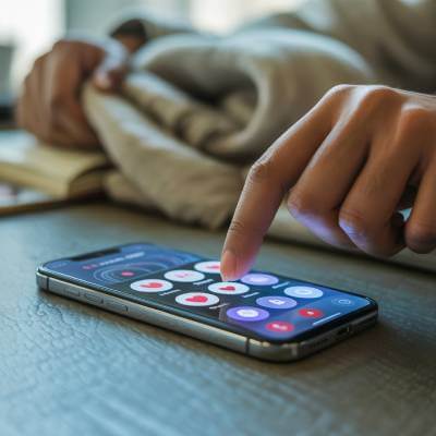 um telemóvel com apps visíveis em cima de uma mesa e uma mão a mexer nele