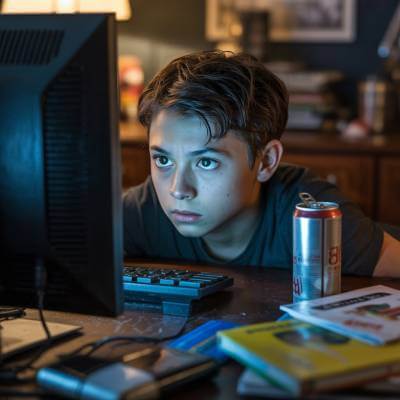 um pré adolescente ao computador num quarto escuro