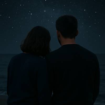 um casal de costas a comtemplar as estrelas no céu, numa noite estrelada, eles estão na praia em frente ao mar