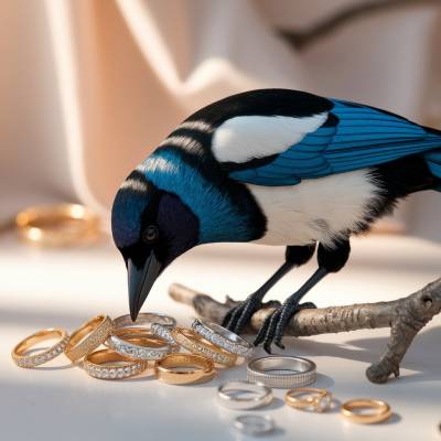 uma pega a debicar um pequeno monte de alianças