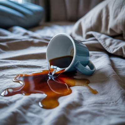 uma caneca a derramar café sobre uma cama