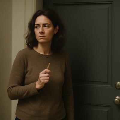 uma mulher com uma chave na mão a tentar abrir uma porta fechada