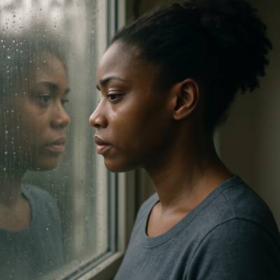 uma jovem mulher negra de cabelo natural apanhado, chora em frente de uma janela e o seu reflexo e espelhado, num dia de chuva