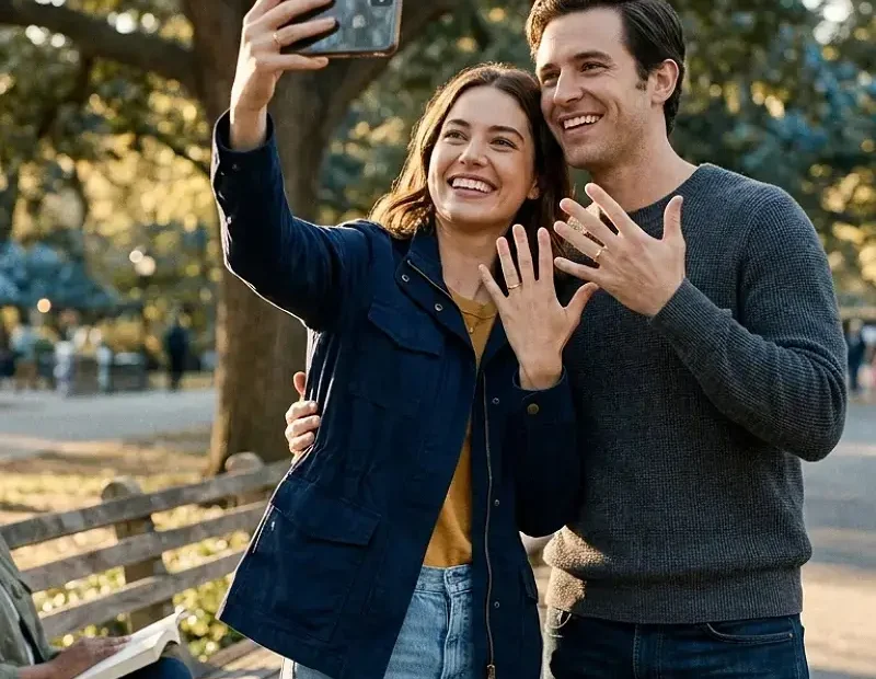 Um casal que posa para uma fotografia nas redes sociais enquanto mostra alianças