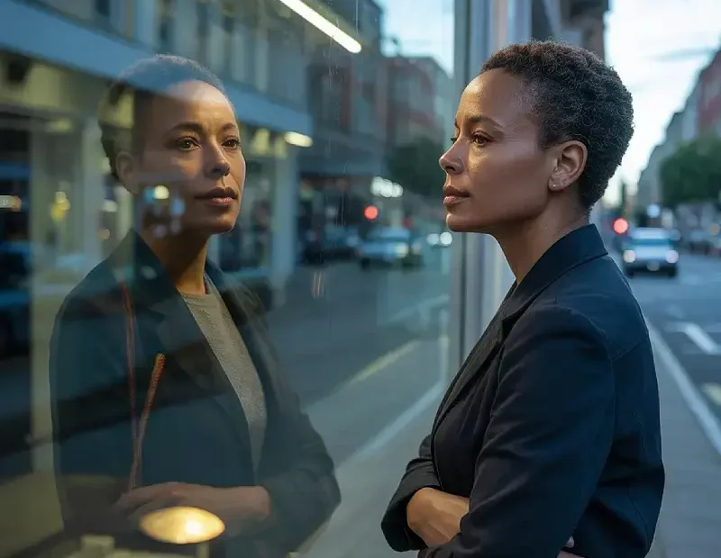 Mulher negra adulta parada diante de uma montra de vidro numa rua tranquila, a observar o próprio reflexo com expressão pensativa, sugerindo reflexão sobre maturidade, humildade e crescimento pessoal.