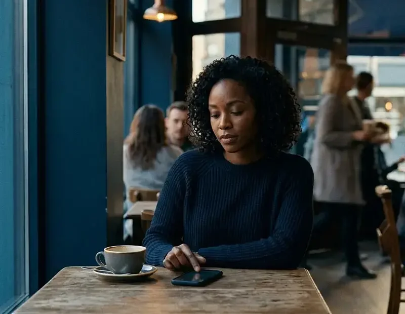 Mulher negra adulta sentada sozinha num café ao final da tarde, com um telemóvel pousado na mesa ao lado de uma chávena quase vazia. A expressão é contida e pensativa. Ao fundo, desfocado, um homem está sentado noutra mesa, ligeiramente virado de costas. O ambiente mistura tons azulados e luz dourada suave, transmitindo solidão em espaço público e tensão emocional contida.