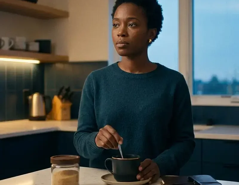 Cozinha minimalista ao início da noite. Mulher negra adulta de pé junto à bancada, a mexer lentamente uma chávena de café. Sobre a bancada, ingredientes simples: açúcar, colher, um caderno fechado, telemóvel pousado ao lado