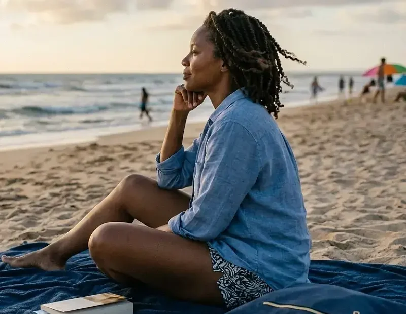 Mulher negra sentada sozinha numa praia tranquila ao final da tarde, com um livro ao lado na toalha azul, a olhar para o mar enquanto outras pessoas aparecem desfocadas ao fundo.