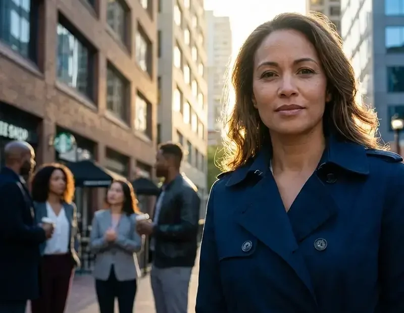 Mulher adulta de origem diversa em pé numa rua ao final da tarde, com postura firme e tranquila. Ao fundo, um pequeno grupo diverso de pessoas surge desfocado, como se conversasse entre si. A imagem transmite dignidade, limites e independência perante o julgamento alheio.
