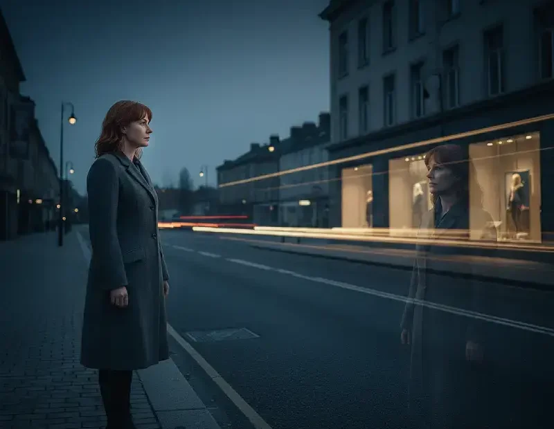 Mulher adulta parada de um lado de uma rua ao entardecer, olhando para o outro lado, com luzes douradas ao fundo e tons azulados no céu. A cena transmite nostalgia, distância simbólica e reflexão sobre o contraste entre os sonhos da adolescência e a realidade adulta.