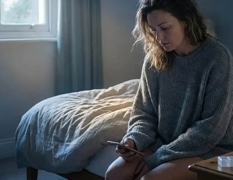 Mulher sentada na beira da cama ao início da manhã, com o telemóvel na mão, expressão cansada mas serena. A luz azulada da manhã entra pela janela e um leve tom dourado ilumina o rosto, transmitindo fadiga emocional, insónia e persistência apesar das desilusões.