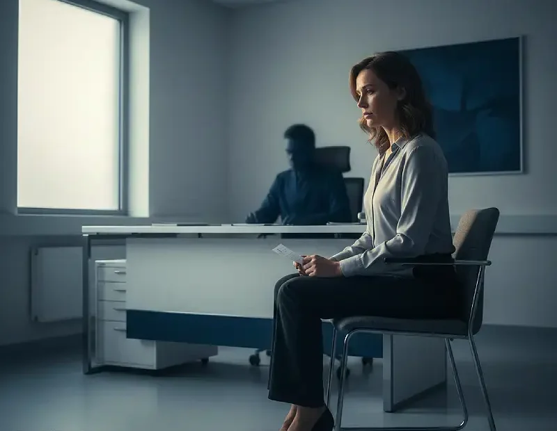 Mulher sentada sozinha num consultório médico após uma consulta, segurando uma receita dobrada na mão. O médico surge desfocada ao fundo, atrás da secretária. A luz entra pela janela com tons azulados e um leve brilho dourado, transmitindo frieza institucional e dignidade perante a desvalorização.