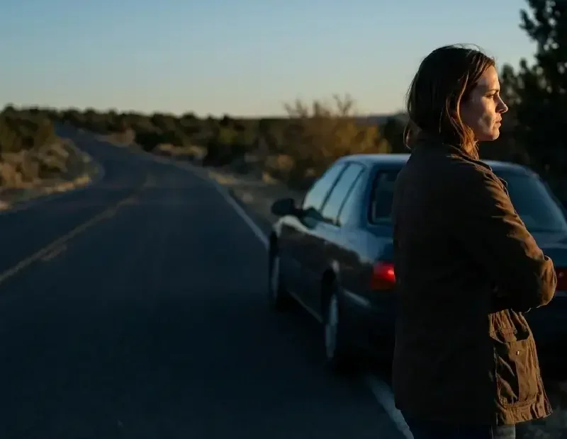 Mulher adulta parada à beira de uma estrada ao entardecer, junto a um carro desfocado, olhando em frente enquanto a estrada se estende vazia. A postura transmite tensão, lucidez e decisão após um momento emocional difícil, simbolizando afastamento da tentação e escolha consciente de seguir em frente.
