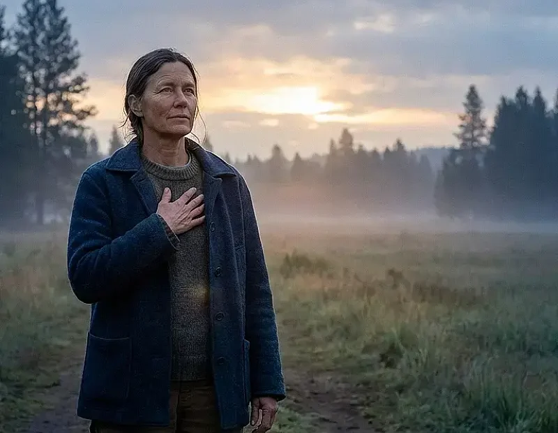 Mulher adulta em pé num espaço natural ao amanhecer, com uma mão sobre o peito, olhando em frente com expressão serena e firme. A luz suave ilumina parcialmente o rosto, transmitindo consciência interior, autenticidade e ligação entre corpo e emoção.