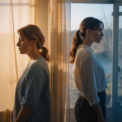 Mãe e filha separadas pela luz Duas silhuetas femininas — uma de costas, outra ao fundo, separadas por uma cortina de luz. Ambas presentes, mas sem contacto visual. Representa a distância emocional, o amor interrompido, a barreira invisível entre empatia e abuso.