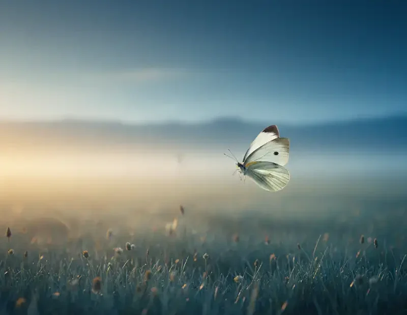Borboleta branca a voar sobre um prado tranquilo ao amanhecer, envolvida por uma luz dourada suave, com tons de azul profundo e azul médio no céu e na paisagem, transmitindo sensação de liberdade, transformação e despertar interior.