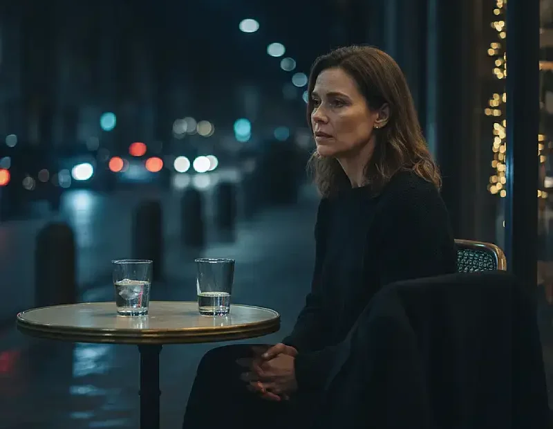 Uma mulher sentada sozinha numa esplanada ao final da noite. A mesa à frente ainda tem dois copos — um meio vazio, outro intacto — sugerindo uma presença que já partiu. O casaco dela está pousado sobre a cadeira ao lado, como se alguém tivesse acabado de se levantar.