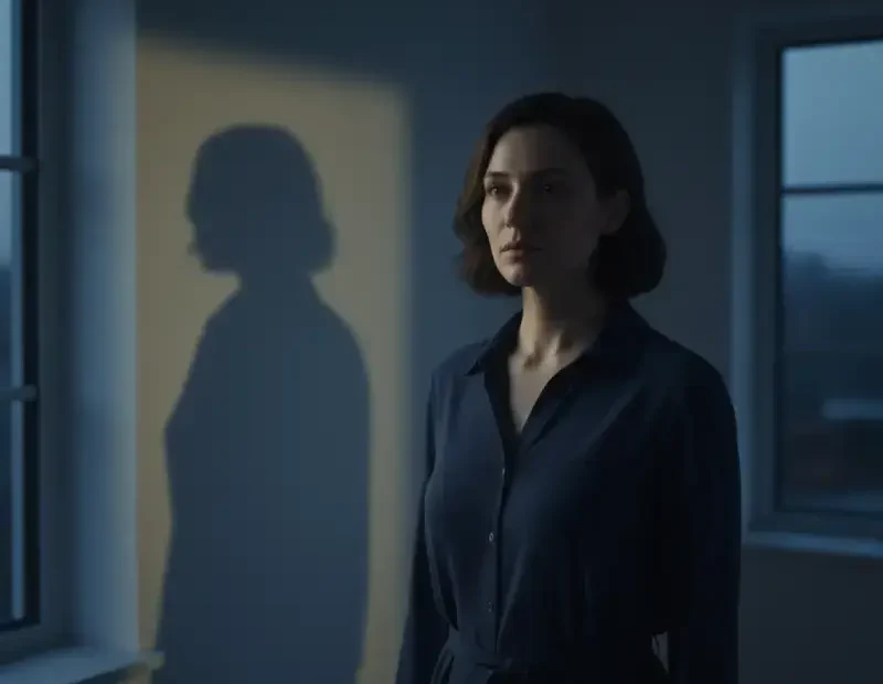 Mulher adulta em pé junto a uma janela ao entardecer, com metade do rosto na luz e metade na sombra. A sua sombra projeta-se na parede atrás, maior e ligeiramente distorcida, sugerindo a sensação de invisibilidade emocional e de não ser vista, apesar de estar presente.