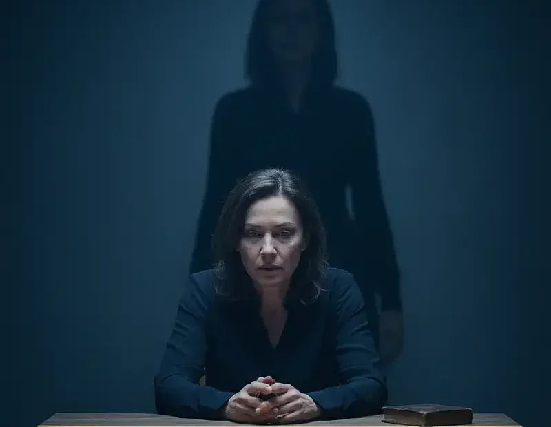 Uma mulher adulta, sentada sozinha num espaço interior silencioso, com luz baixa. O corpo está ligeiramente inclinado para a frente, os ombros tensos, como quem carrega um peso antigo.