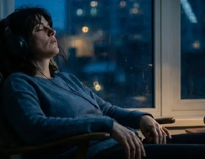 Mulher adulta sentada sozinha num espaço interior à noite, junto a uma janela, a ouvir música com auscultadores. O ambiente é escuro e silencioso, com sombras suaves e uma luz discreta a iluminar parcialmente o rosto e as mãos, transmitindo cansaço emocional, introspeção e a música como forma de contenção e sobrevivência.