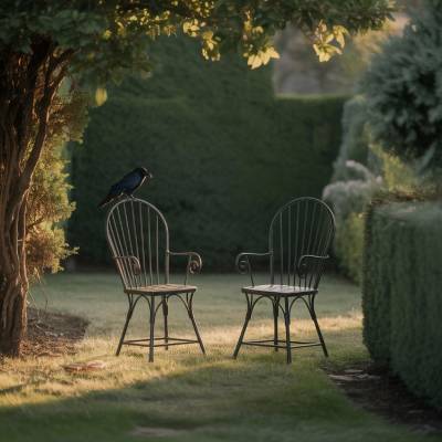 Duas cadeiras vazias num jardim silencioso Um jardim calmo, duas cadeiras lado a lado, uma ocupada por um corvo, a outra vazia. Luz dourada a atravessar o verde. Simboliza a relação interrompida e o lugar que o desamor deixa vazio.