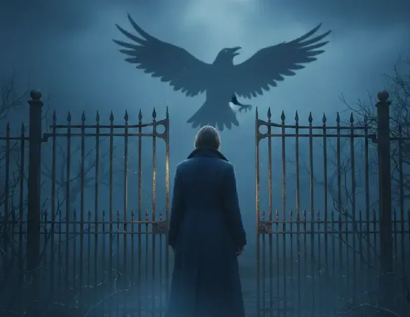 Uma figura feminina de costas, parada junto a um portão antigo entreaberto. Do outro lado, uma sombra escura sugere a presença de um corvo, não totalmente visível, mais simbólico do que literal. O ambiente é frio e silencioso, com luz baixa e céu carregado. A postura da mulher transmite tensão contida e vigilância — não avança, mas também não recua.