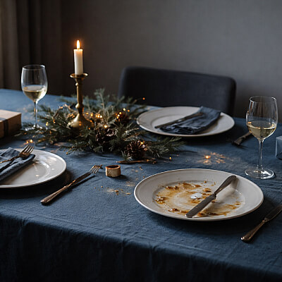 Uma mesa de Natal minimalista após o almoço, dois lugares intactos e um prato usado, prendas colocadas sem decoração nem entusiasmo, luz natural do dia, ambiente calmo mas pesado, fotografia realista, realismo emocional, sem idealização do espírito natalício
