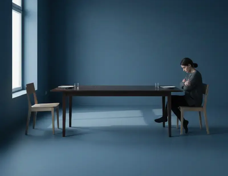 Mesa quase vazia, com dois lugares afastados, pratos simples e uma luz fria a entrar pela janela. Ambiente silencioso, minimalista, com uma pessoa sentada sozinha, olhar baixo, transmitindo desconexão e ausência de intimidade emocional.