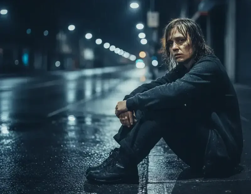 Pessoa sentada numa rua urbana vazia à noite, com o chão molhado pela chuva, expressão cansada e olhar perdido, iluminada por um candeeiro de rua, transmitindo isolamento emocional e exaustão interior.