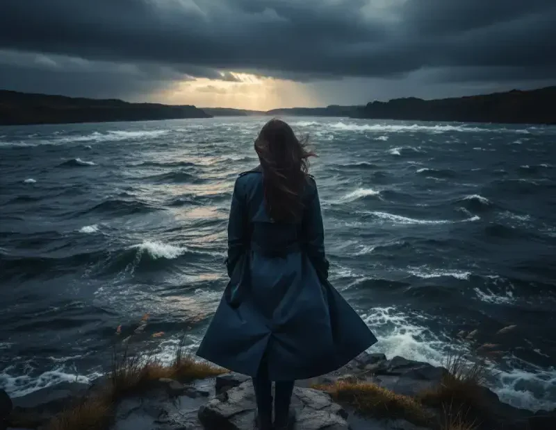 Mulher adulta vista de costas, parada na margem de um rio muito agitado, com água turbulenta e espuma branca, sob um céu carregado e ventoso, transmitindo sensação de conflito emocional, distância e introspeção.