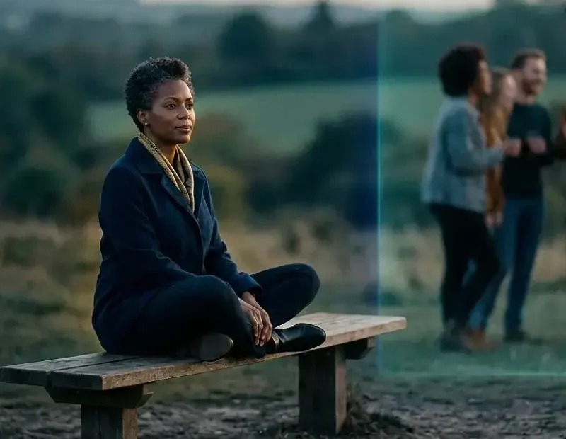 Mulher negra sentada sozinha num banco, em foco, num espaço amplo e minimalista. Ao fundo, um grupo de pessoas desfocado convive e ri. Entre ela e o grupo há uma separação subtil sugerida por uma linha de luz azul. A expressão da mulher é calma, mas distante, transmitindo presença sem pertença.