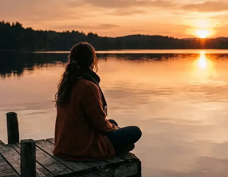 Uma mulher sentada de costas numa doca de madeira, a observar um lago calmo durante o pôr do sol. A cena apresenta uma iluminação suave em tons de dourado e âmbar, com reflexos quentes na água e uma silhueta de árvores ao fundo. O ambiente transmite tranquilidade e introspeção, com uma paleta de cores natural que inclui tons de azul profundo e ocre.